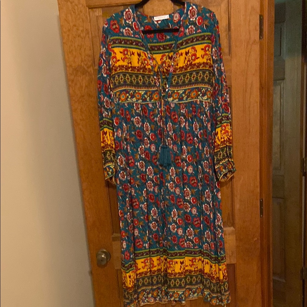 Blue and Orange Casual Long Sleeve Sundress